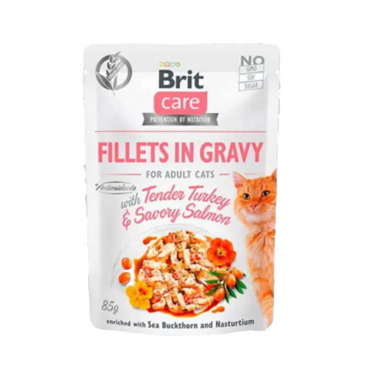 BRIT CARE CAT FILLETS IN GRAVY WITH TENDER TURKEY & SAVORY SALMON
